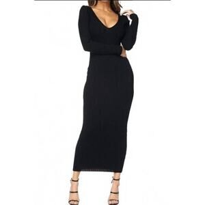 Hera Collection Ribbed Knit Maxi Dress Black L Elegant Bodycon